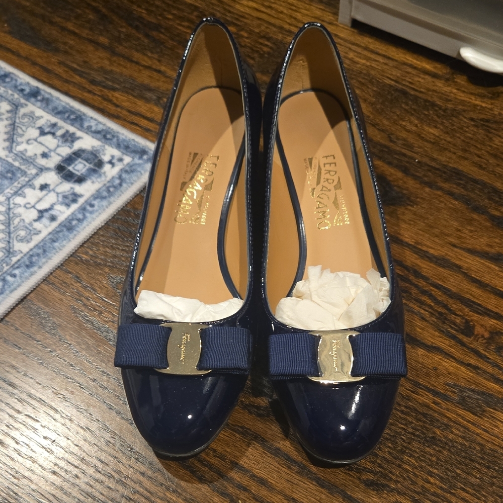 Salvatore Ferragamo Blue Patent Leather Flats with Bow